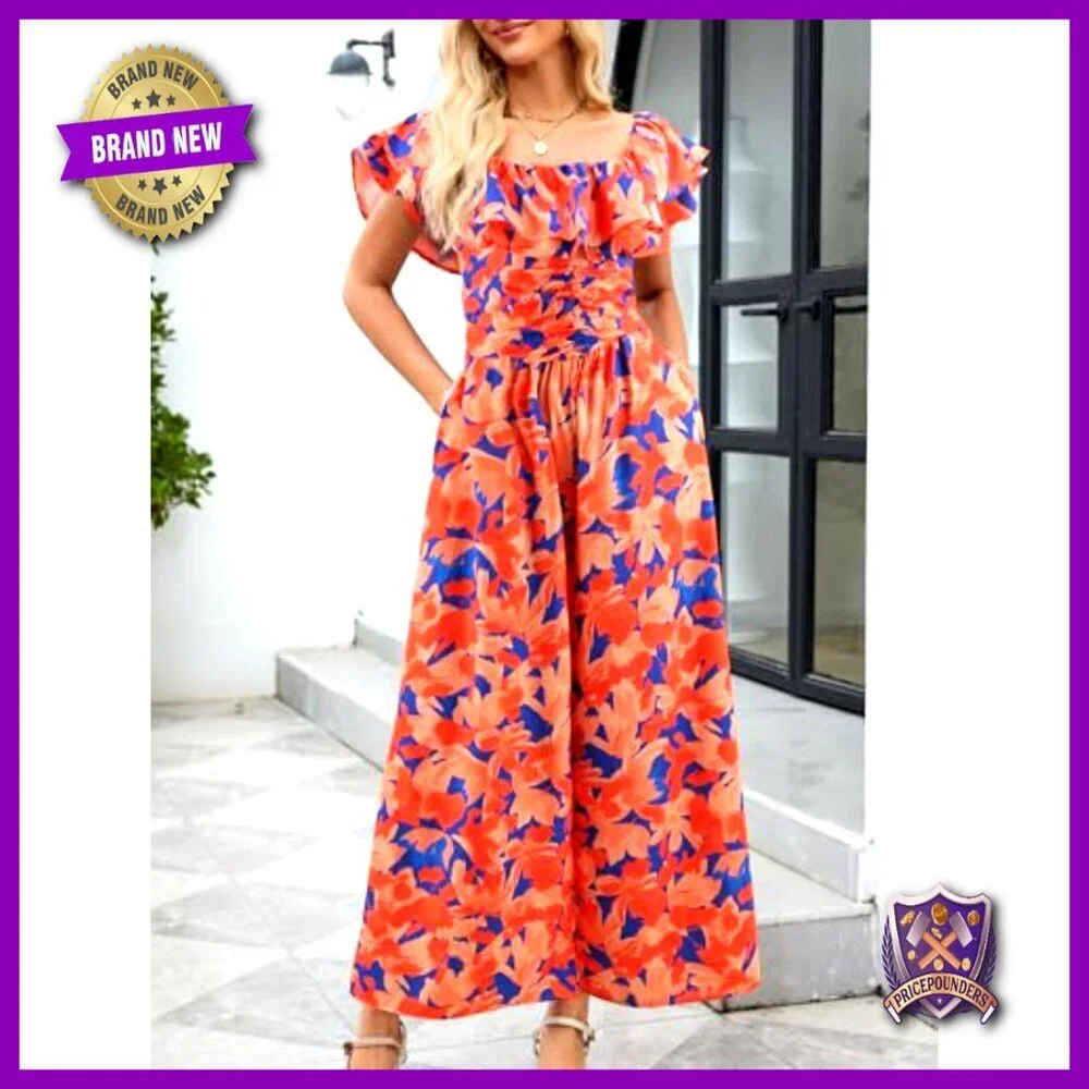 Floral Wide Leg Jumpsuit with Pockets, Square Neck, Ruffle Sleeves, Summer